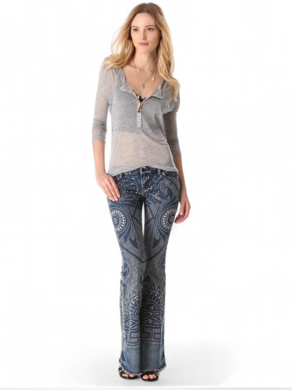 Free People Bali Bleached Dot Flare Jeans Rare Collector Boho Denim